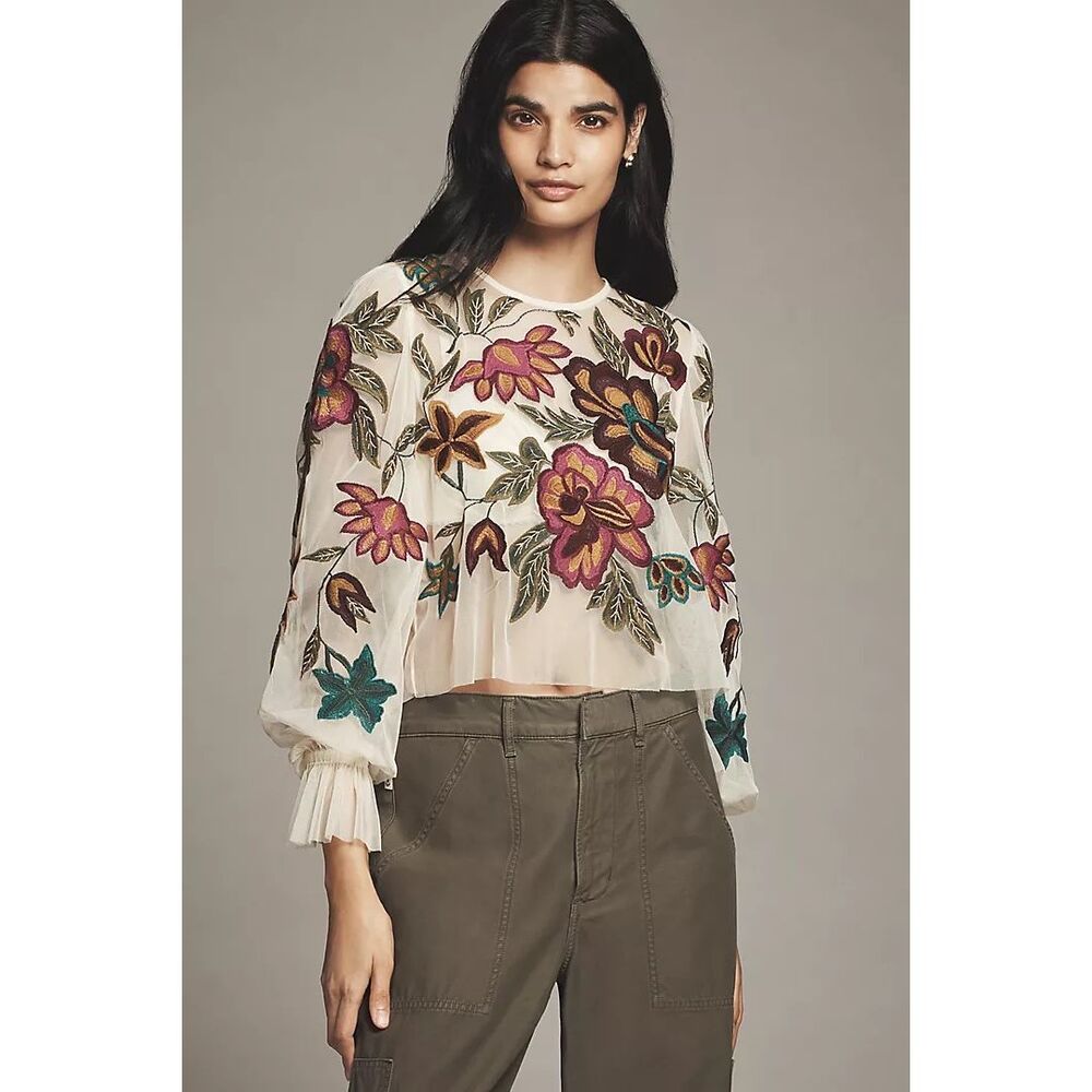 Anthropologie The Layla Long-Sleeve Appliqué Mesh Blouse Size M